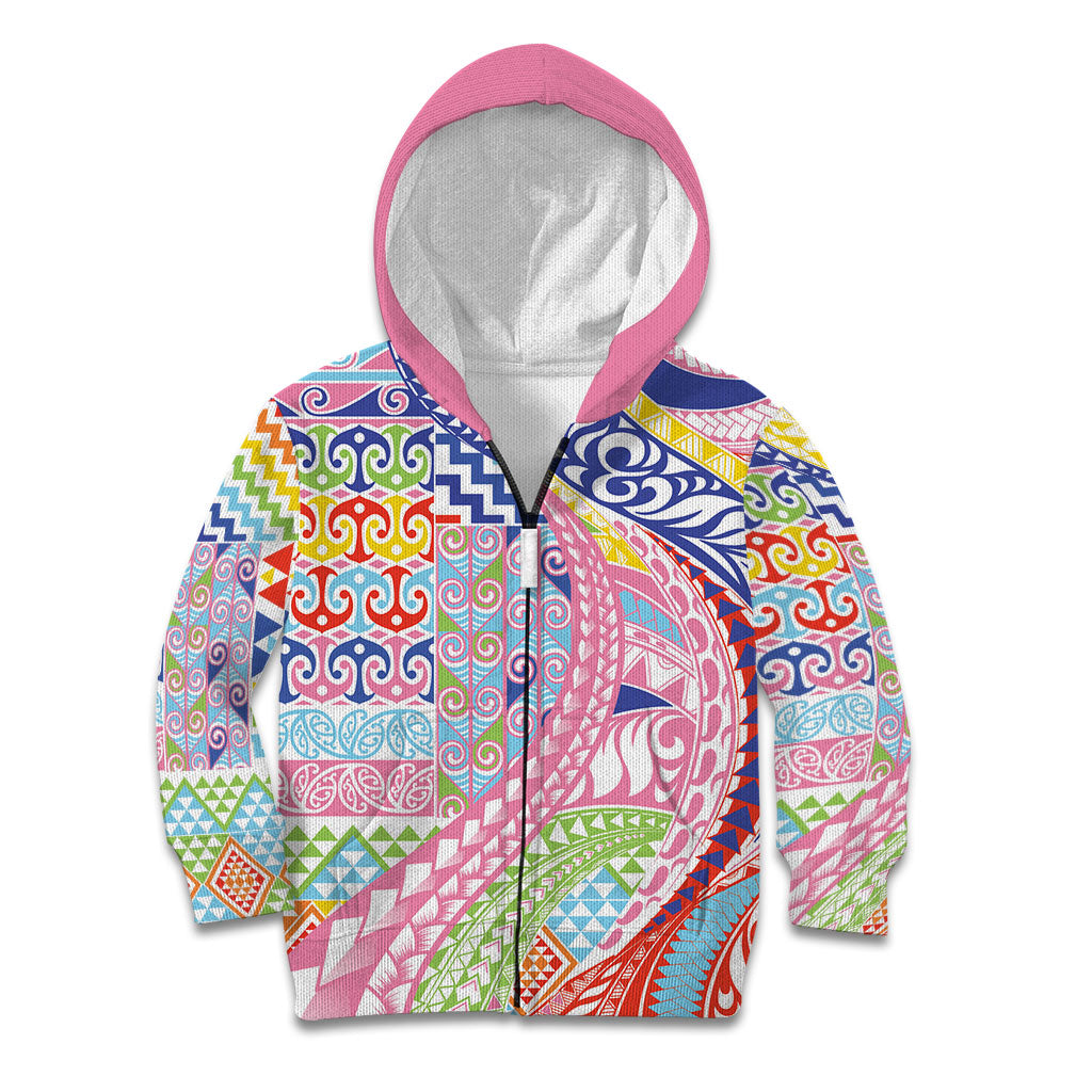 Maori Kowhaiwhai Taniko Patchwork Rainbow Motifs Kid Hoodie LT9 Zip Hoodie Rainbow - Polynesian Pride