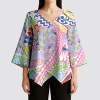 Maori Kowhaiwhai Taniko Patchwork Rainbow Motifs Kimono Sleeve Blouse LT9 - Polynesian Pride