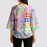 Maori Kowhaiwhai Taniko Patchwork Rainbow Motifs Kimono Sleeve Blouse LT9 - Polynesian Pride