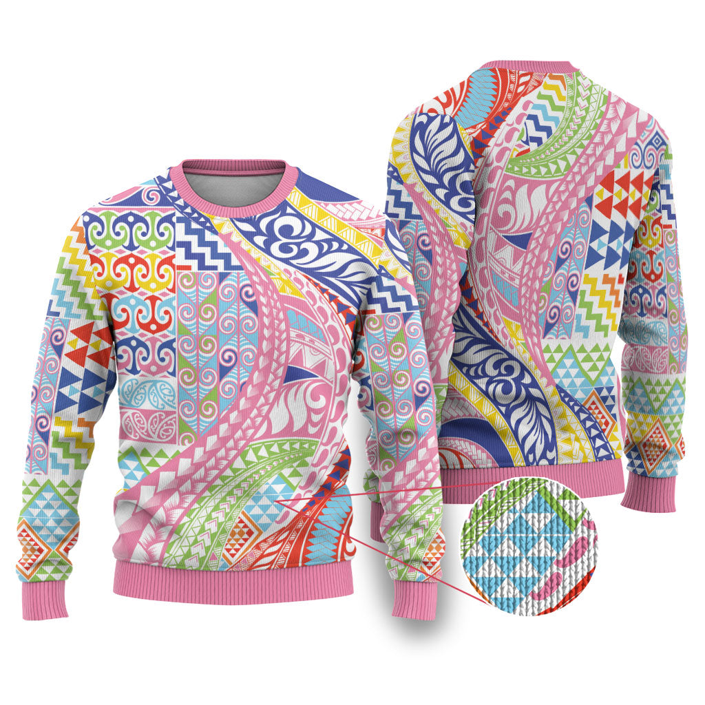 Maori Kowhaiwhai Taniko Patchwork Rainbow Motifs Ugly Christmas Sweater LT9 Rainbow - Polynesian Pride