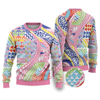 Maori Kowhaiwhai Taniko Patchwork Rainbow Motifs Ugly Christmas Sweater LT9 Rainbow - Polynesian Pride