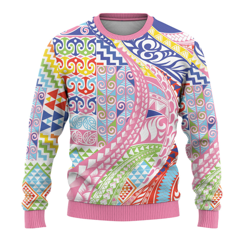 Maori Kowhaiwhai Taniko Patchwork Rainbow Motifs Ugly Christmas Sweater LT9 - Polynesian Pride