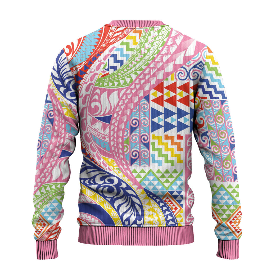 Maori Kowhaiwhai Taniko Patchwork Rainbow Motifs Ugly Christmas Sweater LT9 - Polynesian Pride