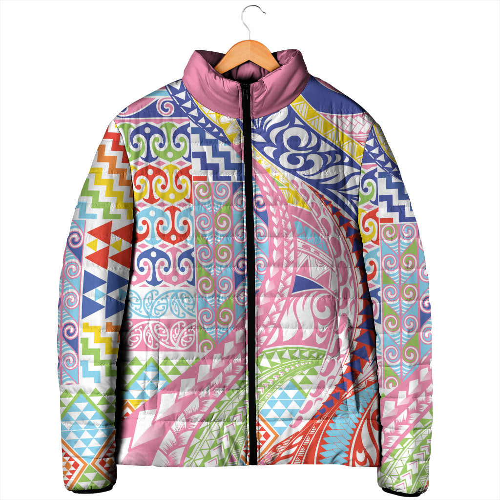 Maori Kowhaiwhai Taniko Patchwork Rainbow Motifs Padded Jacket