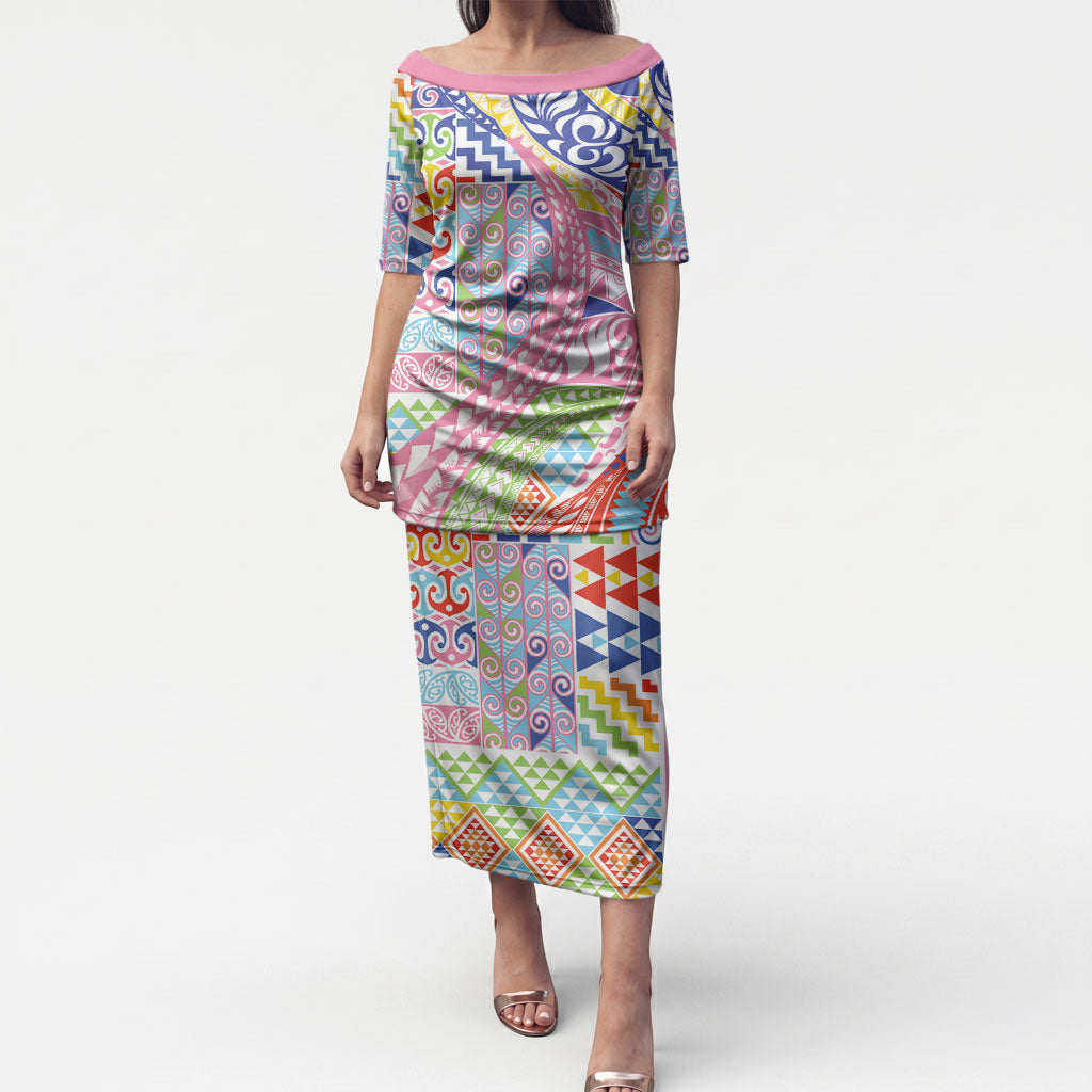 Maori Kowhaiwhai Taniko Patchwork Rainbow Motifs Puletasi