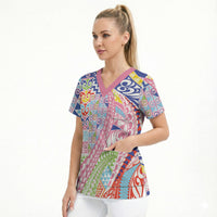 Maori Kowhaiwhai Taniko Patchwork Rainbow Motifs Scrub Top