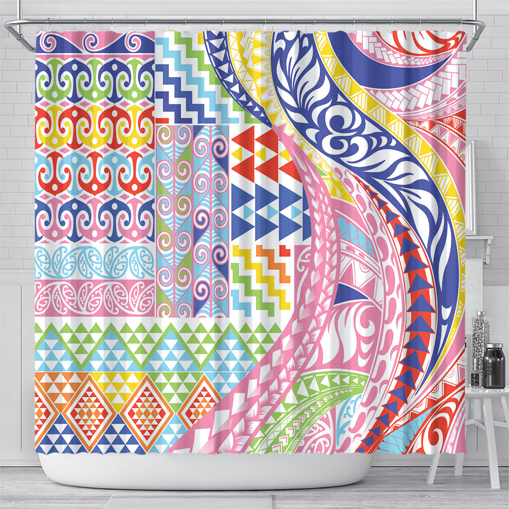 Maori Kowhaiwhai Taniko Patchwork Rainbow Motifs Shower Curtain LT9 - Polynesian Pride
