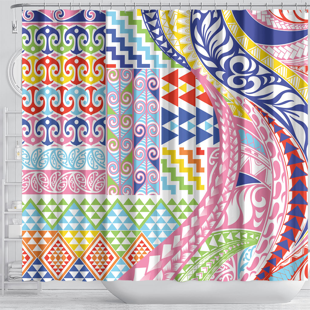 Maori Kowhaiwhai Taniko Patchwork Rainbow Motifs Shower Curtain LT9 - Polynesian Pride