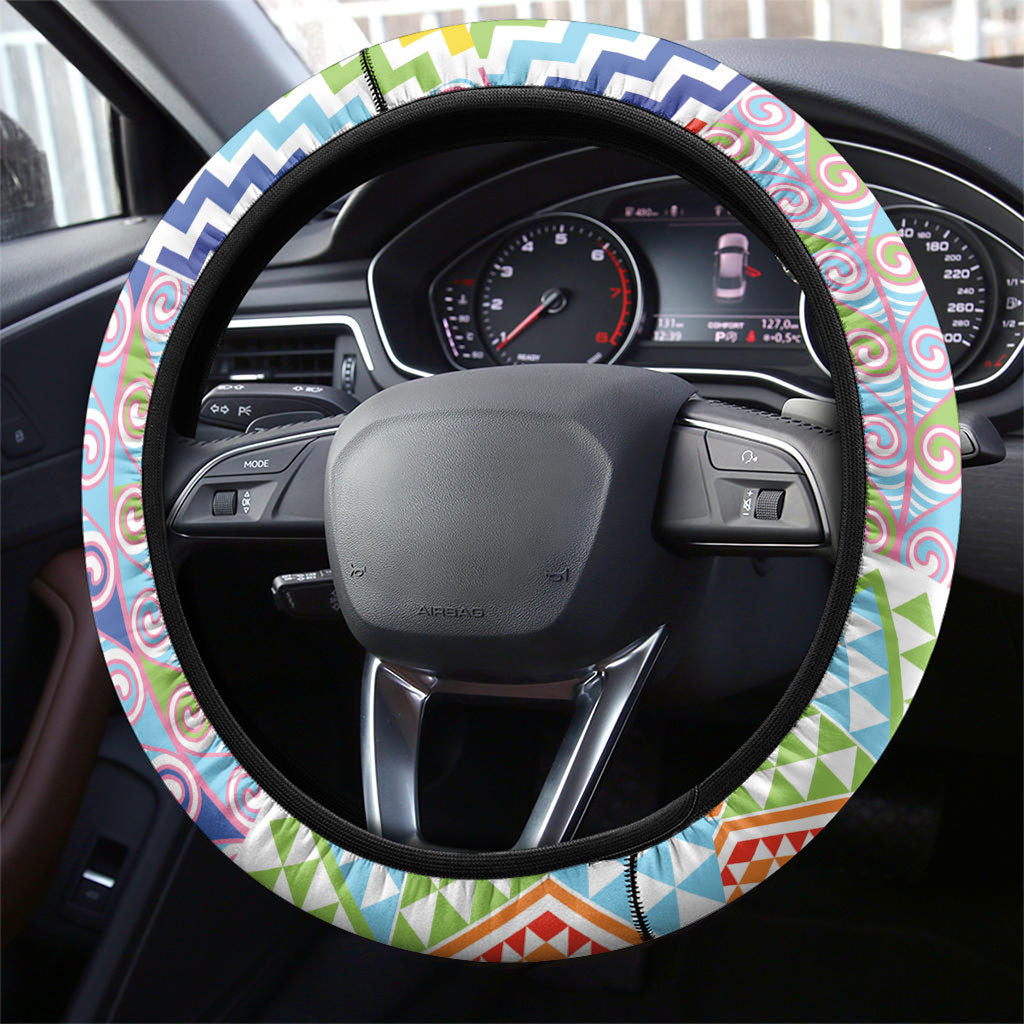 Maori Kowhaiwhai Taniko Patchwork Rainbow Motifs Steering Wheel Cover LT9 - Polynesian Pride