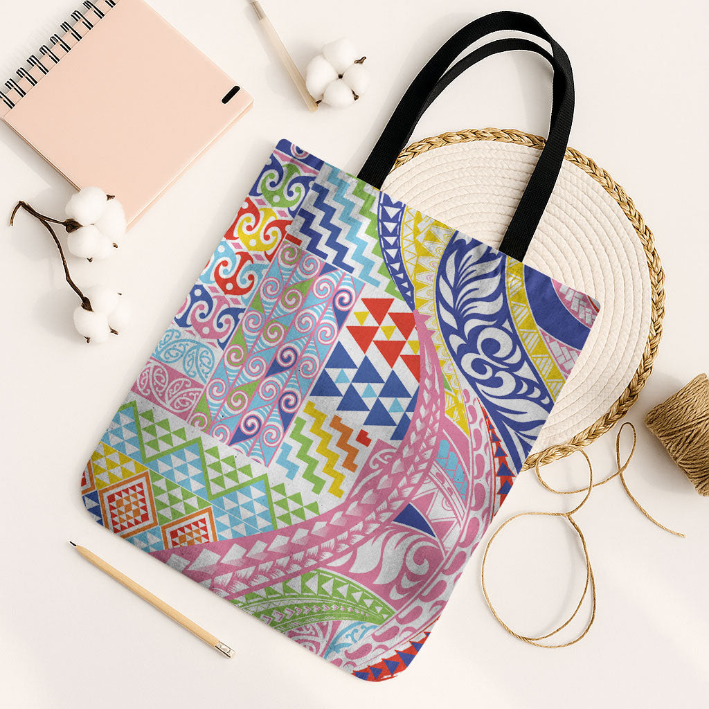 Maori Kowhaiwhai Taniko Patchwork Rainbow Motifs Tote Bag