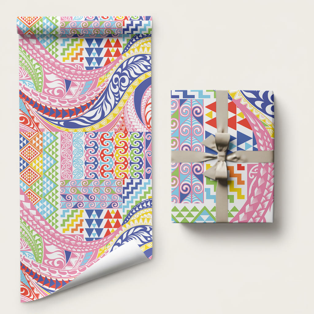 Maori Kowhaiwhai Taniko Patchwork Rainbow Motifs Wrapping Paper