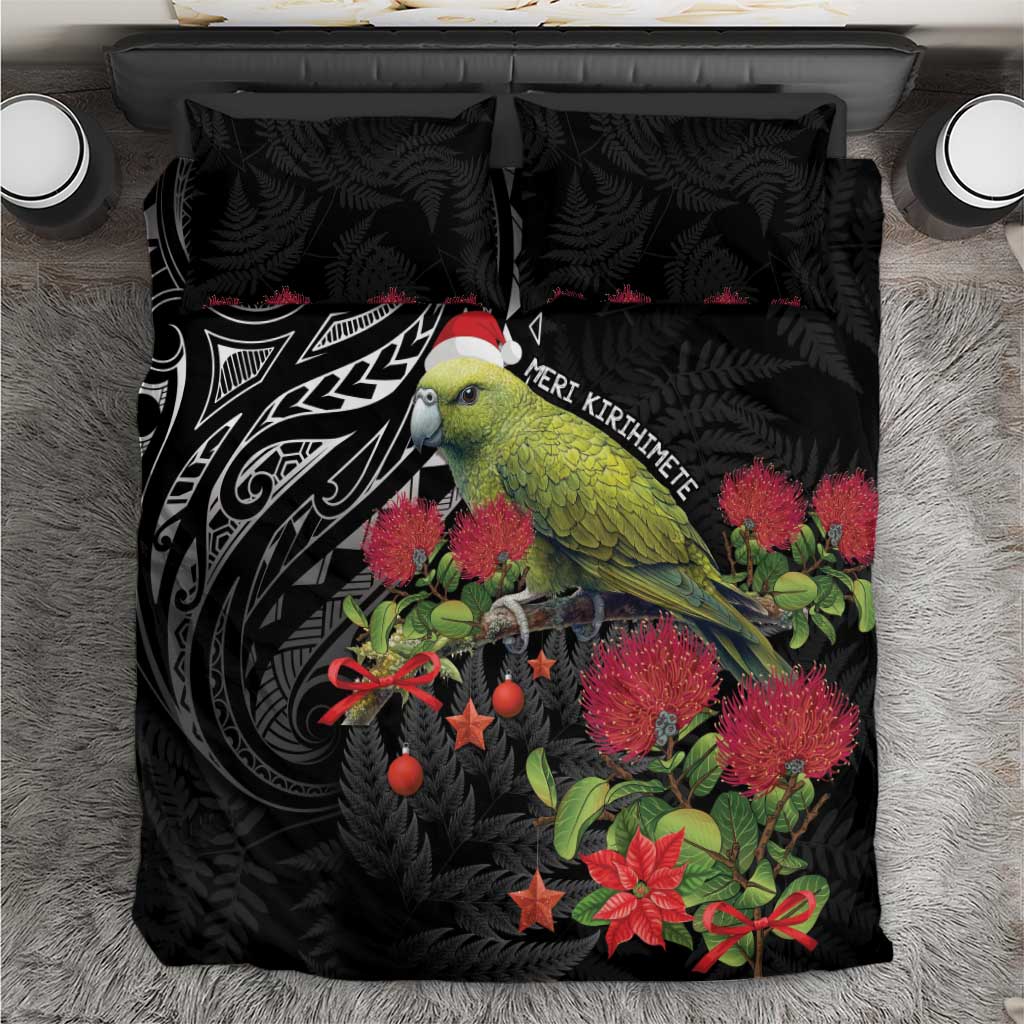 Meri Kirihimete Kakapo Bedding Set Black Silver Fern Christmas Vibe