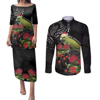 Meri Kirihimete Kakapo Couples Matching Puletasi and Long Sleeve Button Shirt Black Silver Fern Christmas Vibe