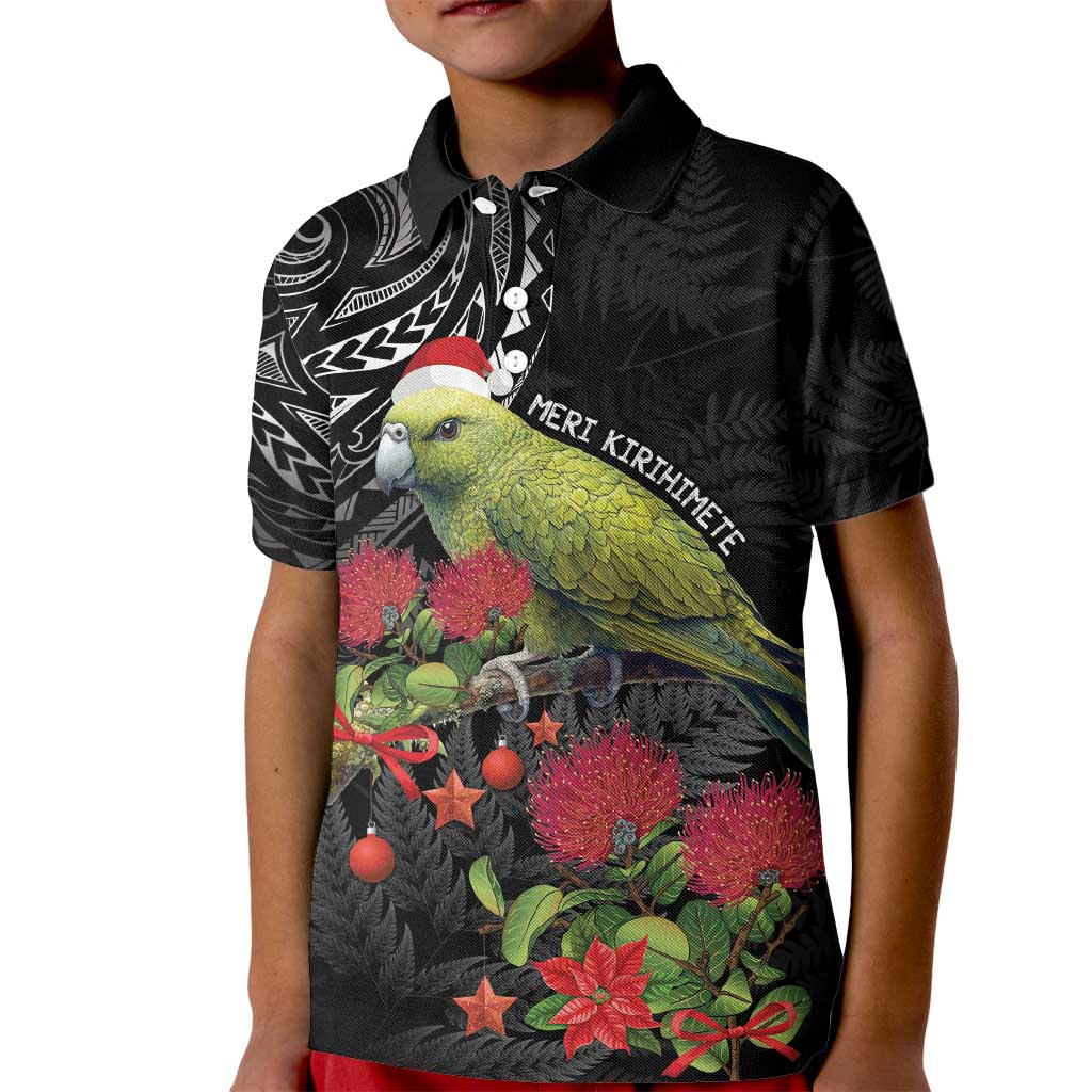Meri Kirihimete Kakapo Kid Polo Shirt Black Silver Fern Christmas Vibe