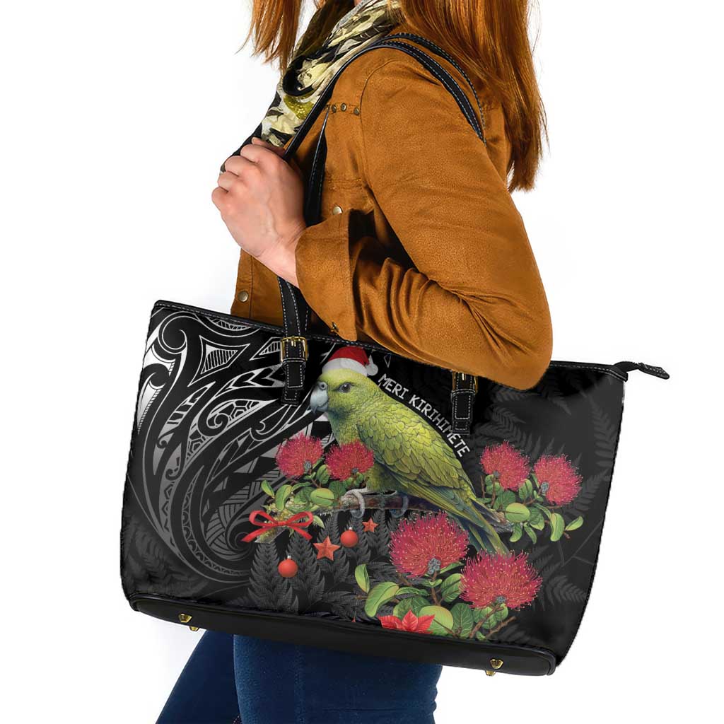 Meri Kirihimete Kakapo Leather Tote Bag Black Silver Fern Christmas Vibe