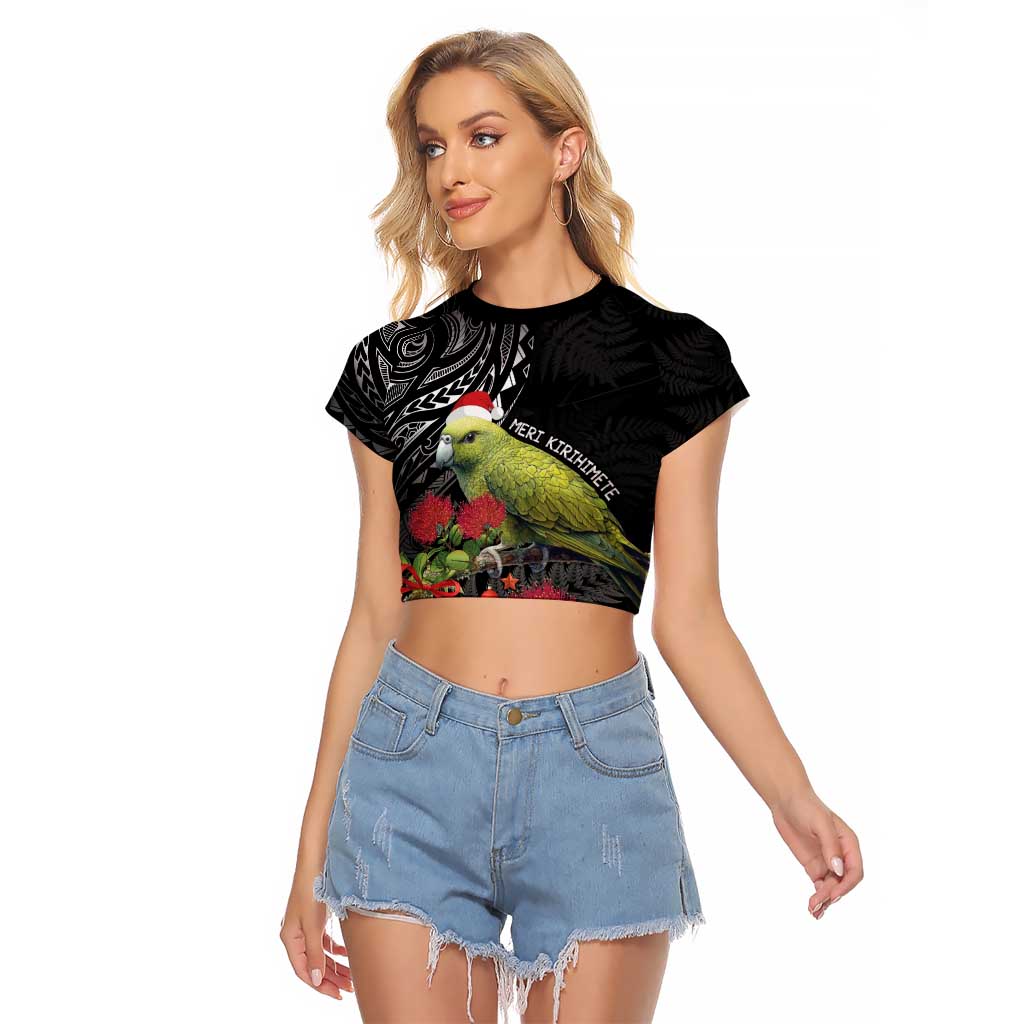 Meri Kirihimete Kakapo Raglan Cropped T Shirt Black Silver Fern Christmas Vibe
