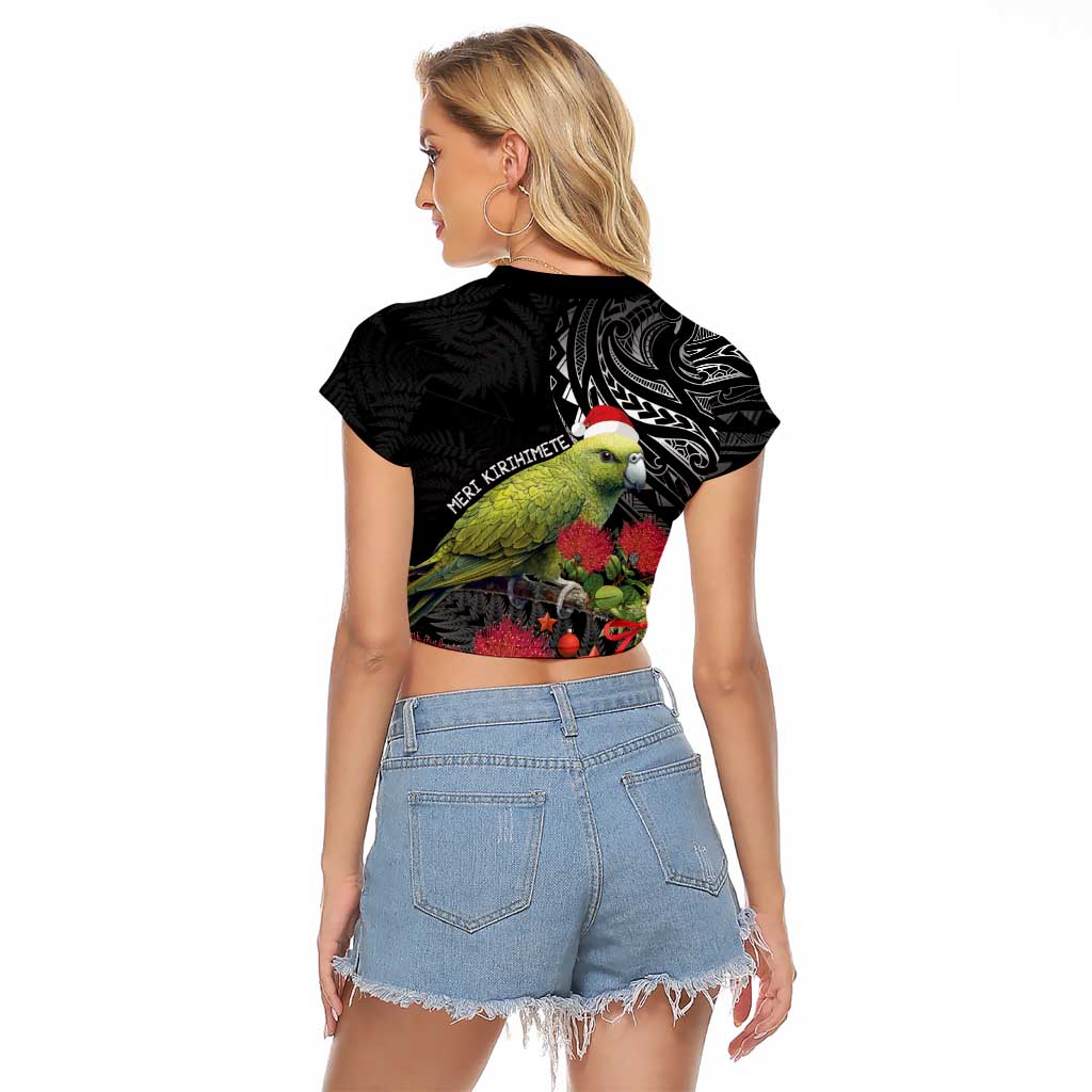 Meri Kirihimete Kakapo Raglan Cropped T Shirt Black Silver Fern Christmas Vibe