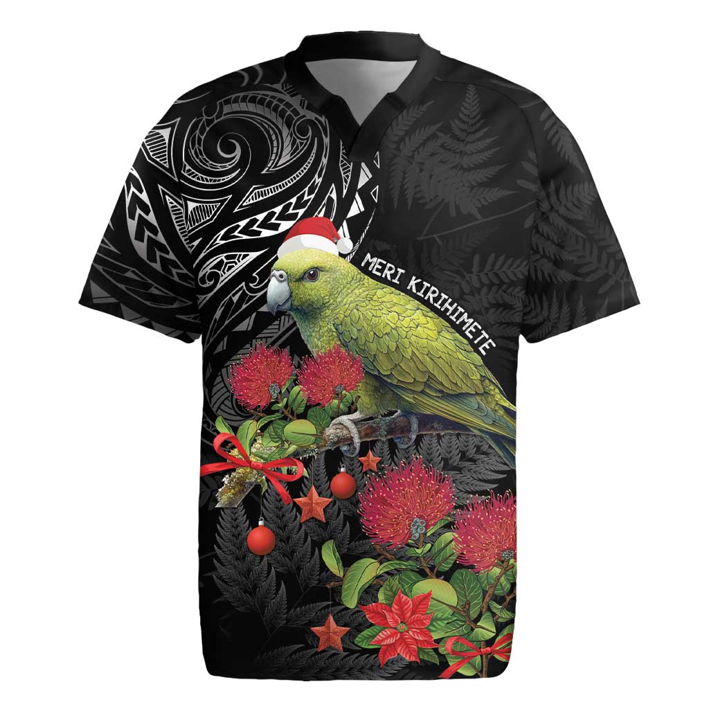 Meri Kirihimete Kakapo Rugby Jersey Black Silver Fern Christmas Vibe