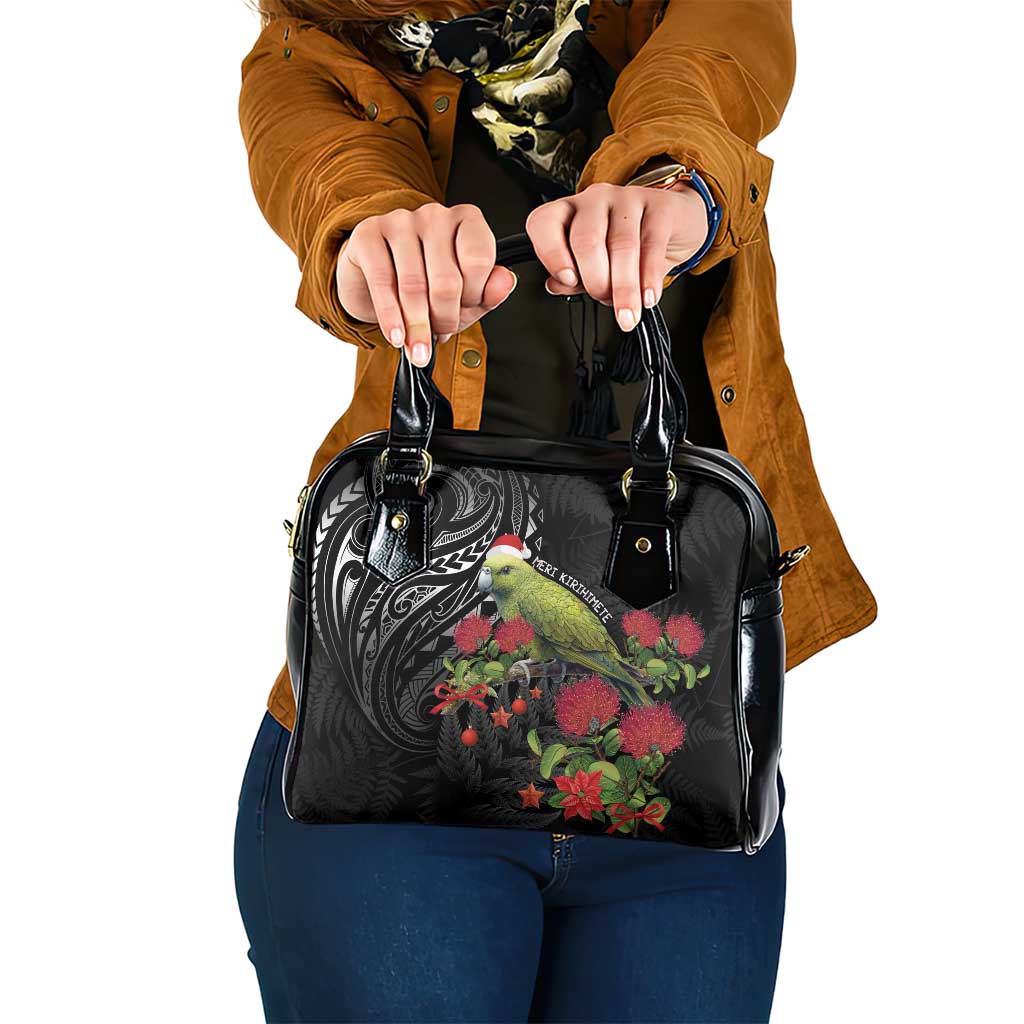 Meri Kirihimete Kakapo Shoulder Handbag Black Silver Fern Christmas Vibe