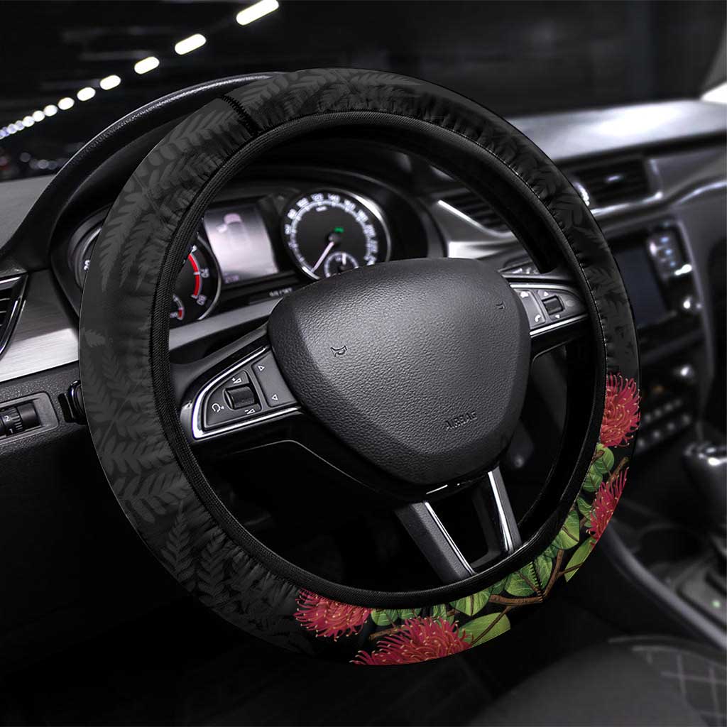 Meri Kirihimete Kakapo Steering Wheel Cover Black Silver Fern Christmas Vibe LT9 Universal Fit Black - Polynesian Pride