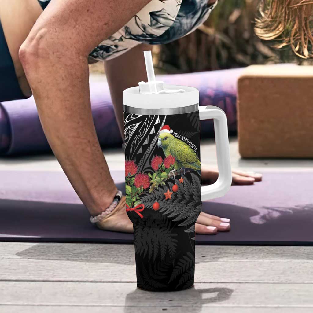 Meri Kirihimete Kakapo Tumbler With Handle Black Silver Fern Christmas Vibe LT9 - Polynesian Pride