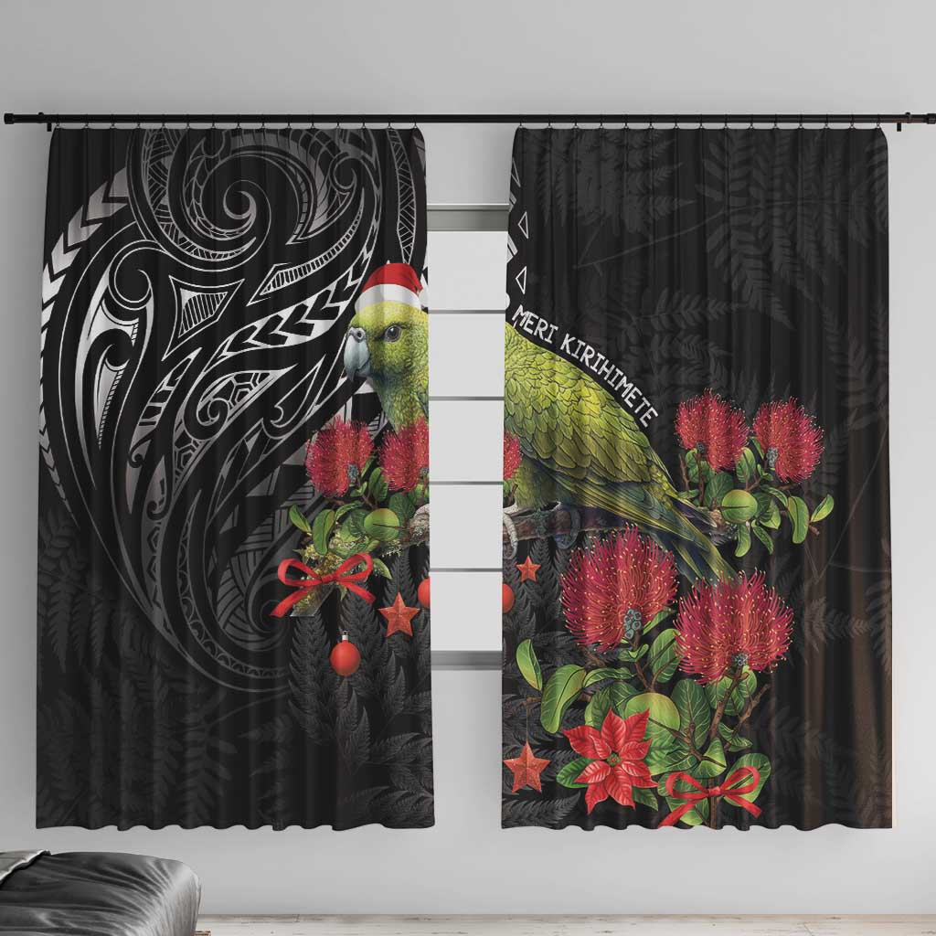 Meri Kirihimete Kakapo Window Curtain Black Silver Fern Christmas Vibe LT9 With Hooks Black - Polynesian Pride