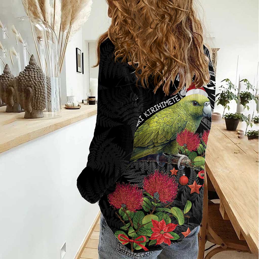 Meri Kirihimete Kakapo Women Casual Shirt Black Silver Fern Christmas Vibe