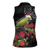 Meri Kirihimete Kakapo Women Sleeveless Polo Shirt Black Silver Fern Christmas Vibe