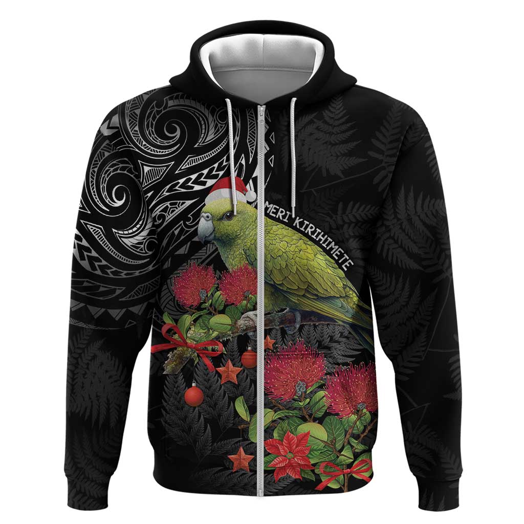 Meri Kirihimete Kakapo Zip Hoodie Black Silver Fern Christmas Vibe