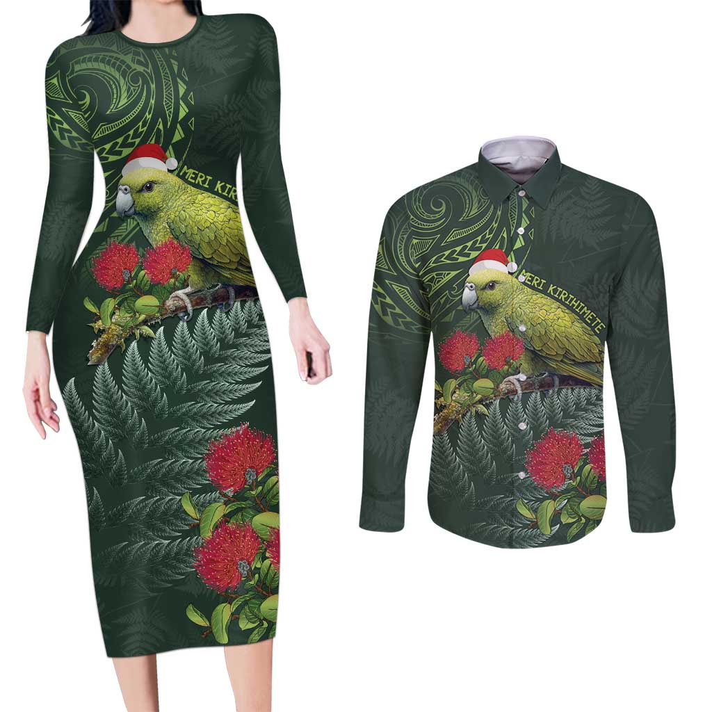 Meri Kirihimete Kakapo Couples Matching Long Sleeve Bodycon Dress and Long Sleeve Button Shirt Green Silver Fern Christmas Vibe