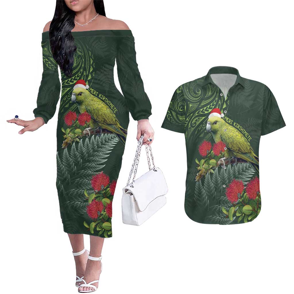 Meri Kirihimete Kakapo Couples Matching Off The Shoulder Long Sleeve Dress and Hawaiian Shirt Green Silver Fern Christmas Vibe