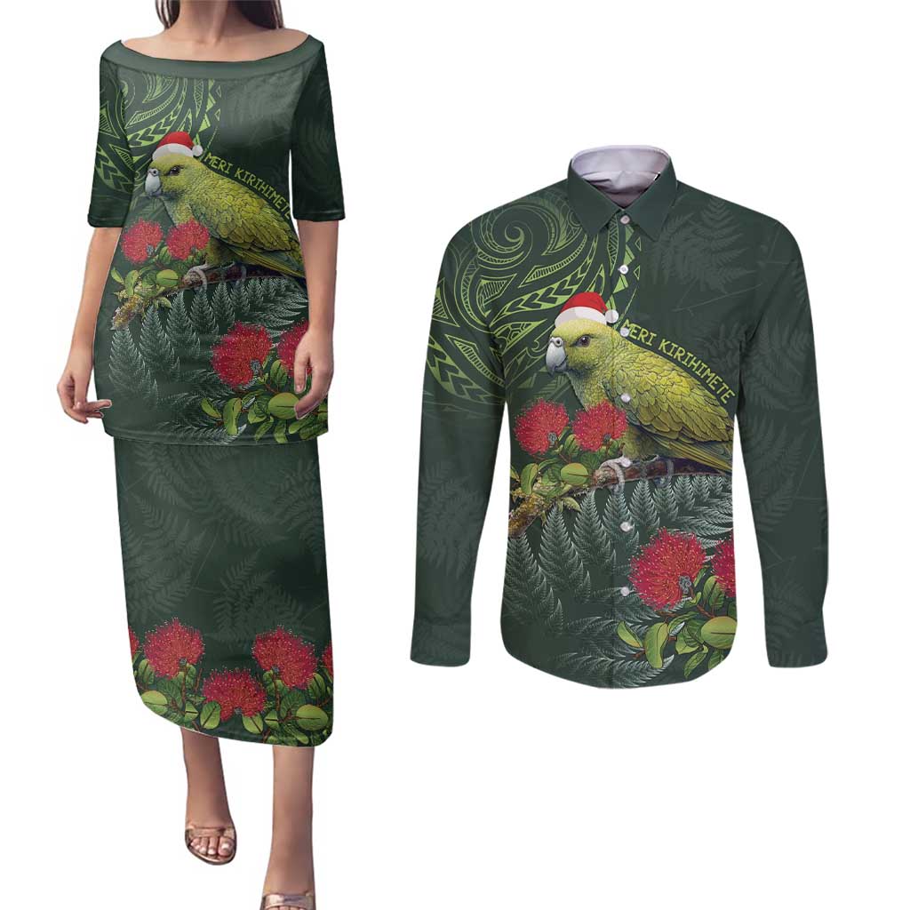 Meri Kirihimete Kakapo Couples Matching Puletasi and Long Sleeve Button Shirt Green Silver Fern Christmas Vibe