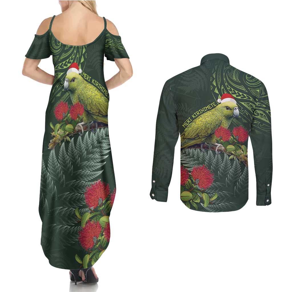 Meri Kirihimete Kakapo Couples Matching Summer Maxi Dress and Long Sleeve Button Shirt Green Silver Fern Christmas Vibe