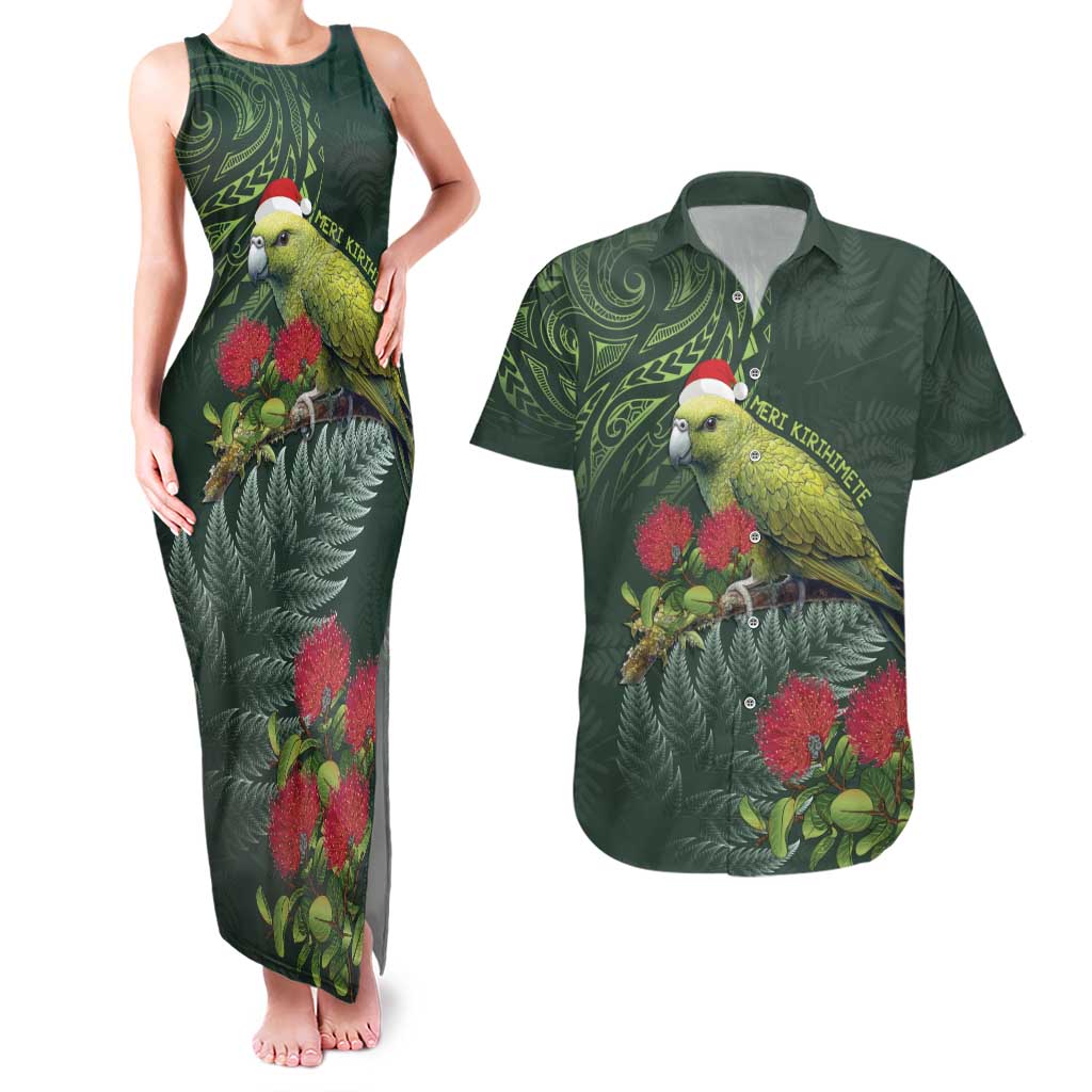 Meri Kirihimete Kakapo Couples Matching Tank Maxi Dress and Hawaiian Shirt Green Silver Fern Christmas Vibe