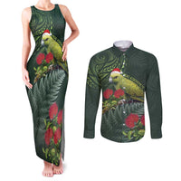Meri Kirihimete Kakapo Couples Matching Tank Maxi Dress and Long Sleeve Button Shirt Green Silver Fern Christmas Vibe