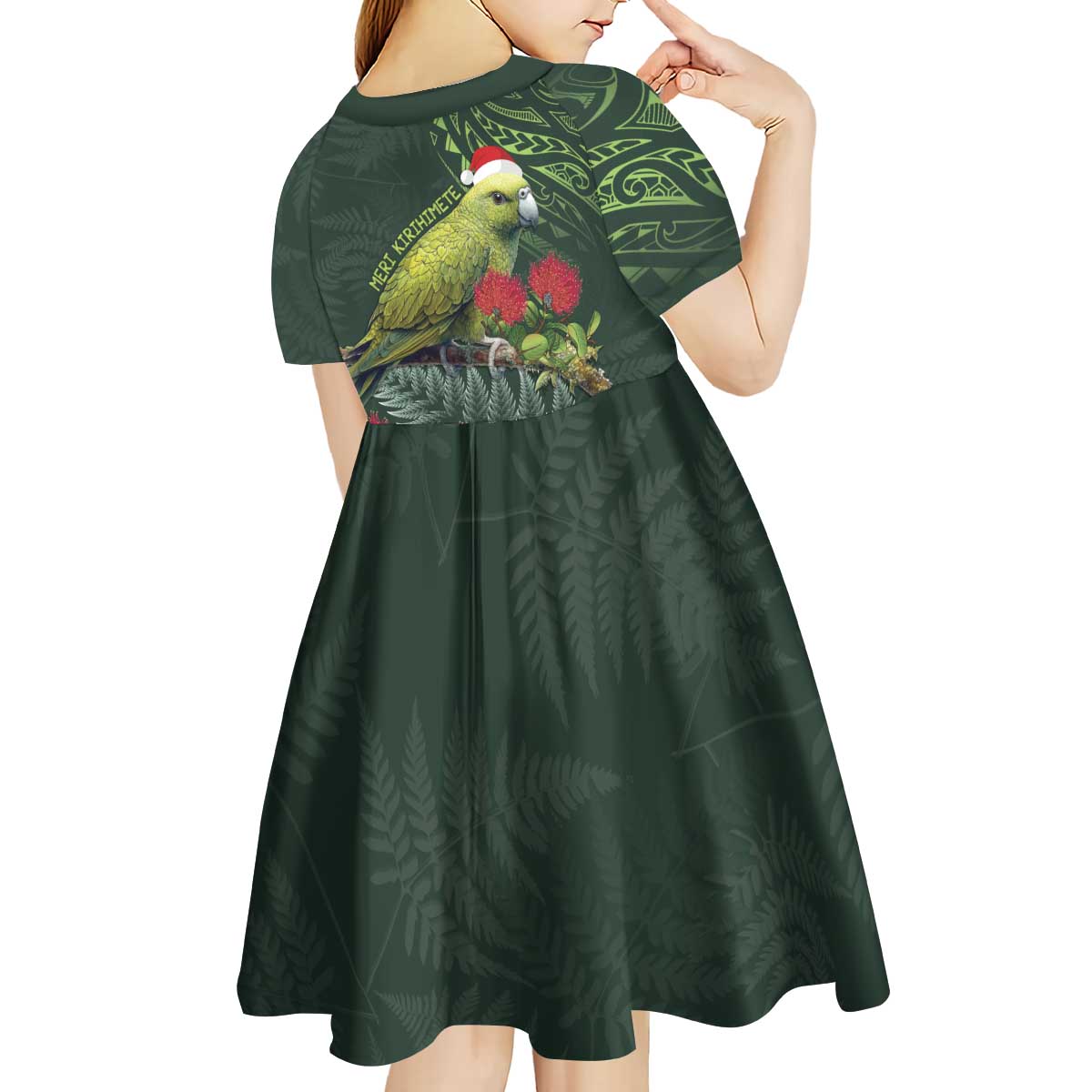 Meri Kirihimete Kakapo Kid Short Sleeve Dress Green Silver Fern Christmas Vibe
