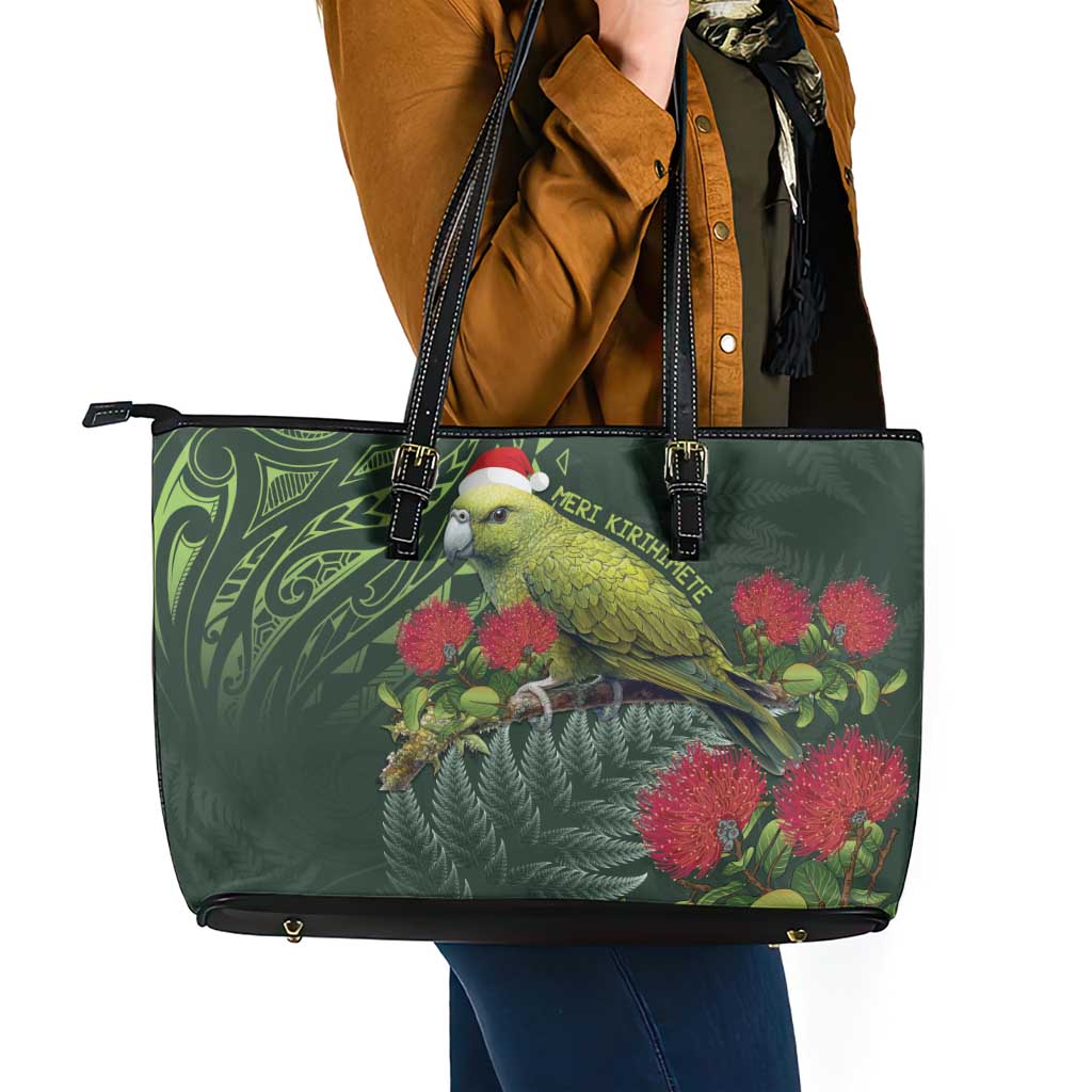 Meri Kirihimete Kakapo Leather Tote Bag Green Silver Fern Christmas Vibe LT9 - Polynesian Pride