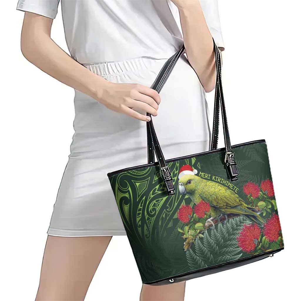 Meri Kirihimete Kakapo Leather Tote Bag Green Silver Fern Christmas Vibe LT9 - Polynesian Pride