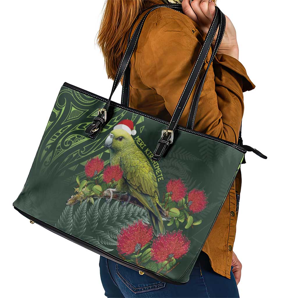 Meri Kirihimete Kakapo Leather Tote Bag Green Silver Fern Christmas Vibe LT9 - Polynesian Pride
