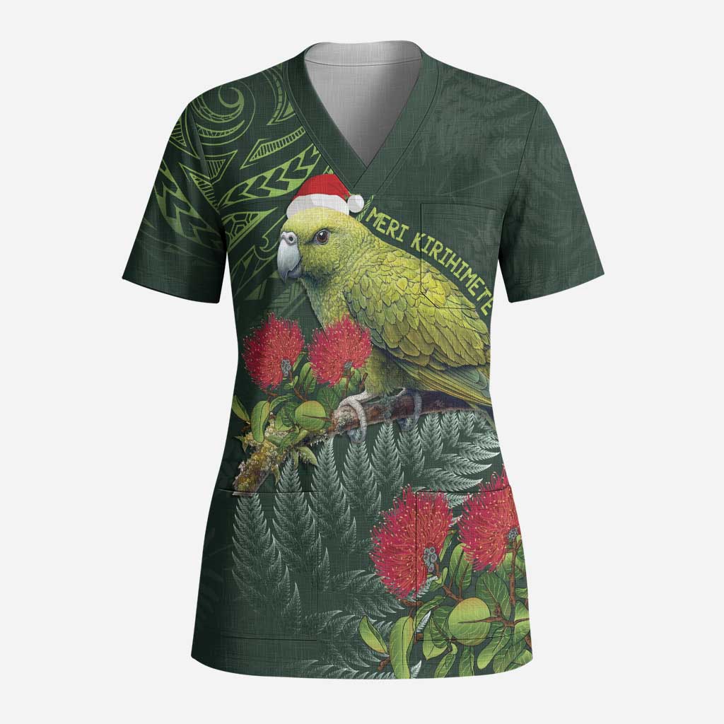 Meri Kirihimete Kakapo Scrub Top Green Silver Fern Christmas Vibe - Polynesian Pride