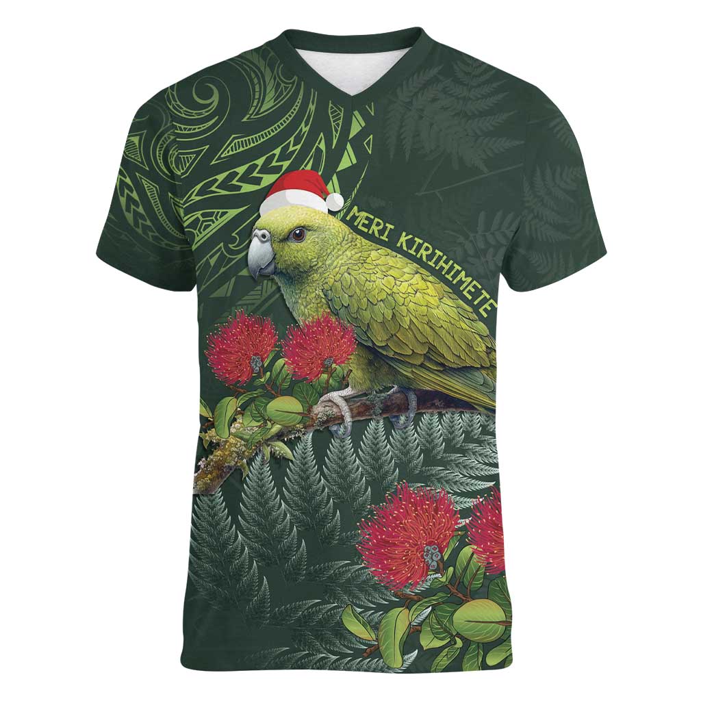 Meri Kirihimete Kakapo Women V-Neck T-Shirt Green Silver Fern Christmas Vibe