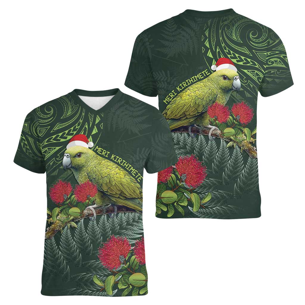 Meri Kirihimete Kakapo Women V-Neck T-Shirt Green Silver Fern Christmas Vibe