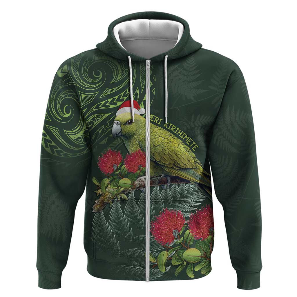 Meri Kirihimete Kakapo Zip Hoodie Green Silver Fern Christmas Vibe