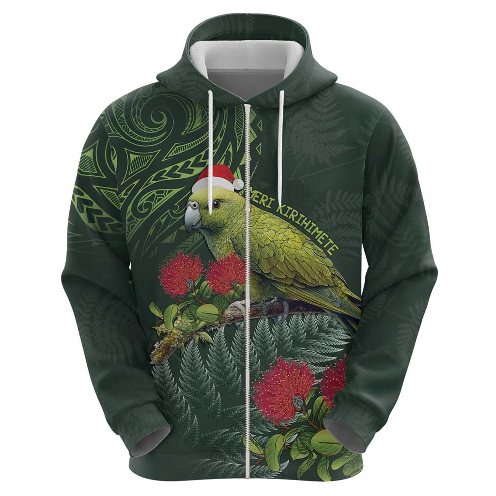 Meri Kirihimete Kakapo Zip Hoodie Green Silver Fern Christmas Vibe