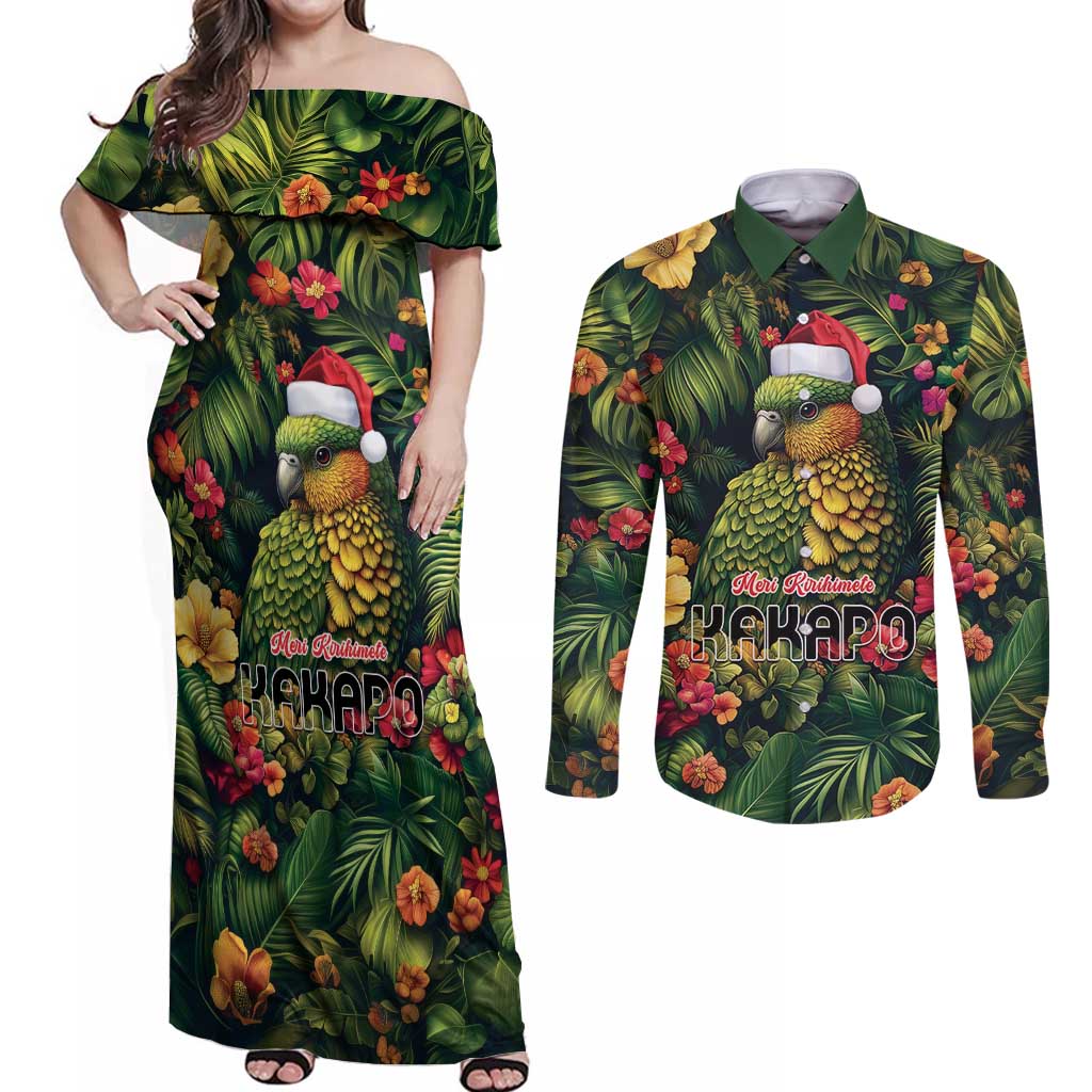 Meri Kirihimete Kakapo Couples Matching Off Shoulder Maxi Dress and Long Sleeve Button Shirt New Zealand Christmas with Tropical Vibe