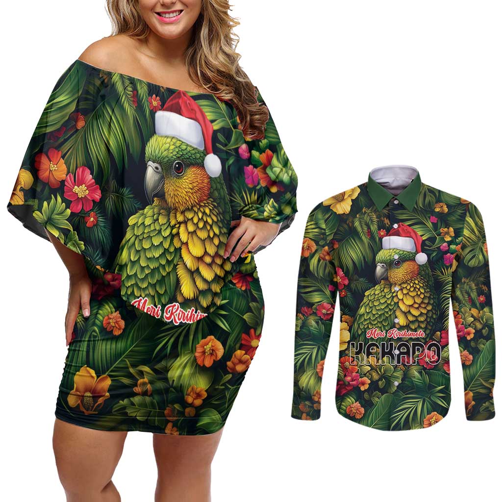 Meri Kirihimete Kakapo Couples Matching Off Shoulder Short Dress and Long Sleeve Button Shirt New Zealand Christmas with Tropical Vibe