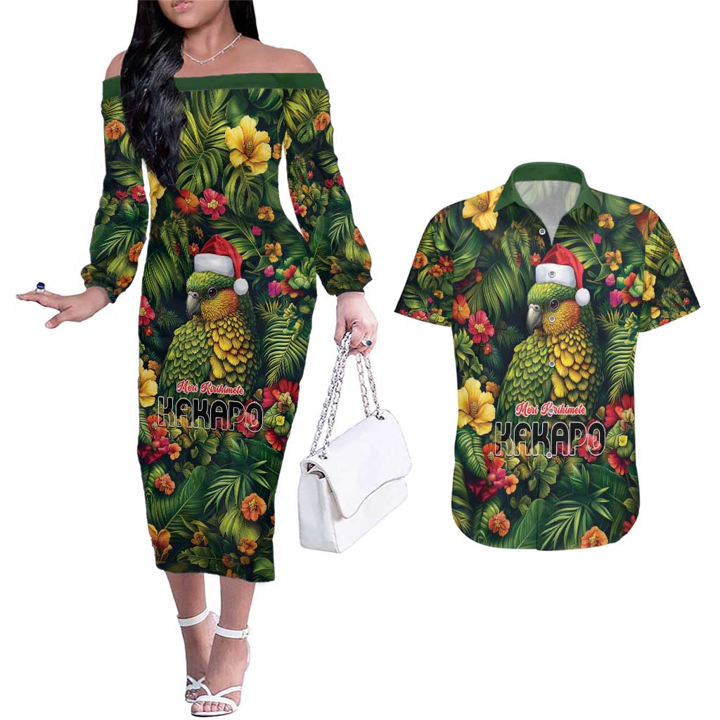 Meri Kirihimete Kakapo Couples Matching Off The Shoulder Long Sleeve Dress and Hawaiian Shirt New Zealand Christmas with Tropical Vibe