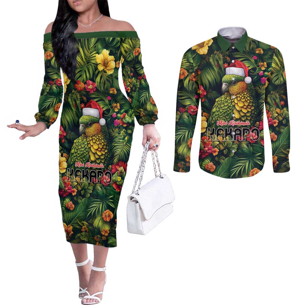 Meri Kirihimete Kakapo Couples Matching Off The Shoulder Long Sleeve Dress and Long Sleeve Button Shirt New Zealand Christmas with Tropical Vibe