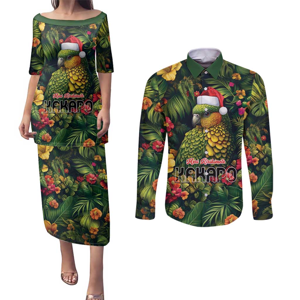 Meri Kirihimete Kakapo Couples Matching Puletasi and Long Sleeve Button Shirt New Zealand Christmas with Tropical Vibe