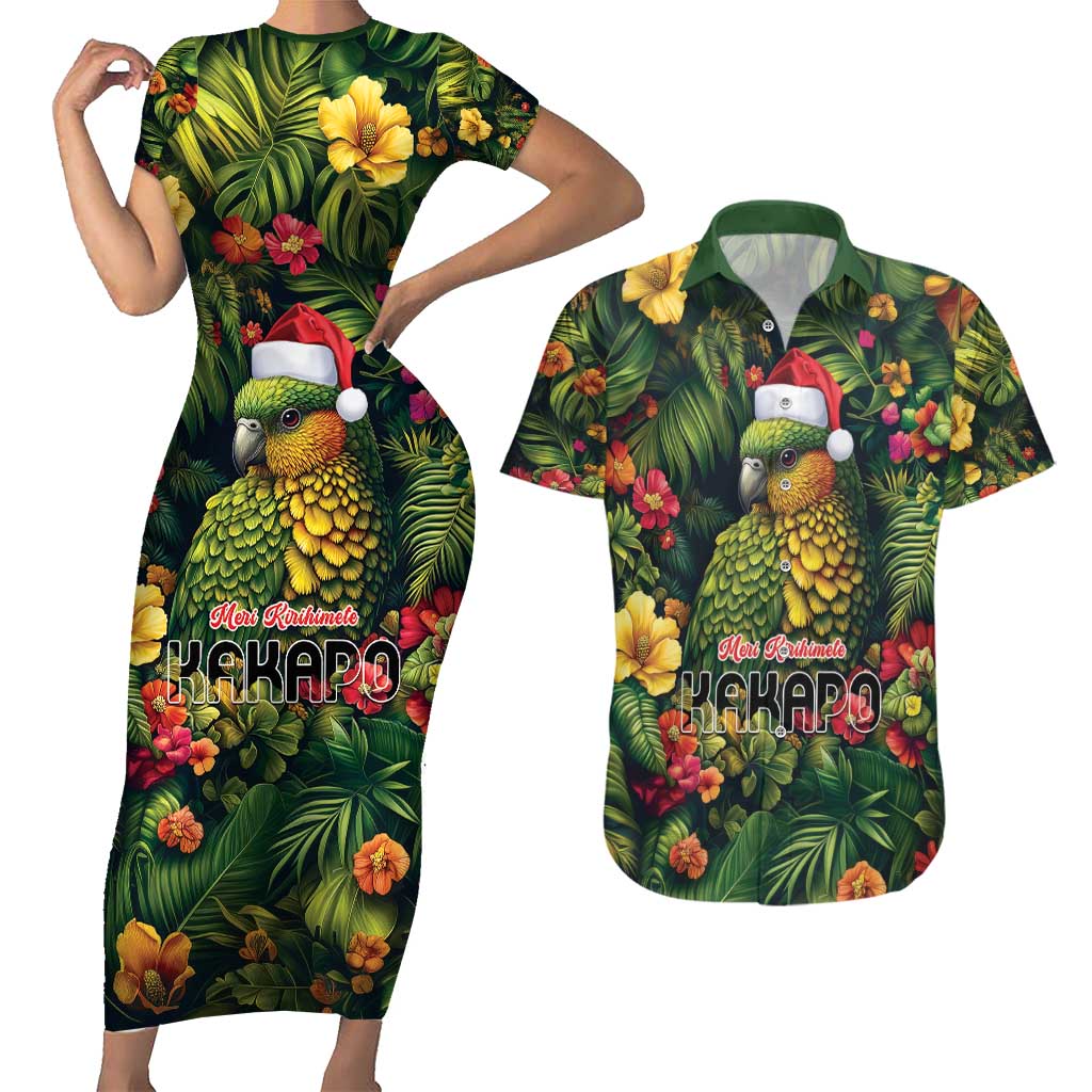 Meri Kirihimete Kakapo Couples Matching Short Sleeve Bodycon Dress and Hawaiian Shirt New Zealand Christmas with Tropical Vibe LT9 Green - Polynesian Pride